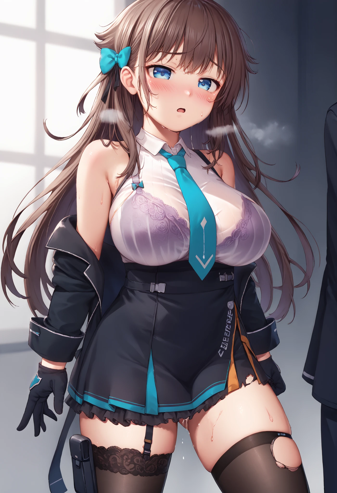great quality,so beautiful,Absard dress,best quality,newest,masterpiece,4k,resolution,anime screen capture,1 girl,brown hair,long hair,blue eyes,cute anime eyes,super huge breasts that have just been torn apart,very much sweat (Amount of sweat:2.0),blush(redness:3.0), acme face,I'm exhaling with my mouth wide open(steam),(Kana Kashiwazaki),hair bow,canavale , thigh length single socks, one leg in stockings, black jacket, sleeveless shirt, femoral strap, tie, cowboy shot, gloves, black skirt,I had sex until a while ago,my body is trembling because it has climaxed too much,steamが多い,shirt filled with sperm is see-through with sweat and the bra is slightly visible(The bra is purple),膣の断面図(semen inside),-game- Nebel Geisterjäger style