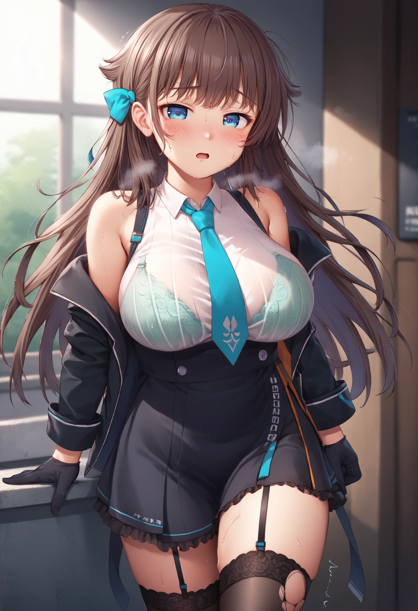 great quality,so beautiful,Absard dress,best quality,newest,masterpiece,4k,resolution,anime screen capture,1 girl,brown hair,long hair,blue eyes,cute anime eyes,super huge breasts that have just been torn apart,very much sweat (Amount of sweat:2.0),blush(redness:3.0), acme face,I'm exhaling with my mouth wide open(steam),(Kana Kashiwazaki),hair bow,canavale , thigh length single socks, one leg in stockings, black jacket, sleeveless shirt, femoral strap, tie, cowboy shot, gloves, black skirt,I had sex until a while ago,my body is trembling because it has climaxed too much,steamが多い,shirt filled with sperm is see-through with sweat and the bra is slightly visible(The bra is purple),膣の断面図(semen inside),-game- Nebel Geisterjäger style