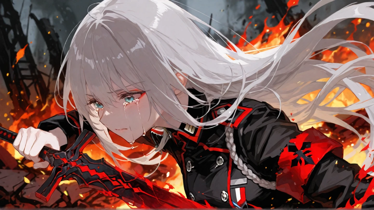 (Highest image quality),(tmasterpiece),(Beautiful CG),(((Detailed facial depiction)),(4 people,All female teammates died,Only his own heroic and tenacious resistance remained)full bodyesbian, 8K,A masterpiece,illustratio,Messy hair, (Carefully portray the eyes),full bodyesbian(Carefully portray the body),raging fire,female pervert,swat,Thrown by the enemy in a wasteland,Hurt expression,Knee protectors,Silver hair,long whitr hair,G-cover,Black combat uniform,Black combat pants,bulletproof vest,Tactical headsets,Tactical training boots,Blood-stained hair,Knee protectors,Bracers,Ankle pads,elbow pads,Blood at the corners of the mouth,The right shoe is frayed,The socks are also broken,The foot is bruised,The legs were covered with bloody bandages,He was slashed 14 times on his left thigh,The right thigh was pierced by a bullet,Shot wound in the right calf,Fractures of both legs,Torn ligament in the left shoulder,Inserted into the back with a knife,Shot 8 times in the back(Preserve the wound with the machete)(Blood is rendered on a large area of the wound)Look straight into the camera,Covered in blood!!!bloods!bloods!bloods!bloods!)gallant,Stabbed through the stomach by 4 bayonets and pushed back,Also fired 9 shots in a row in the stomach, (Save all wounds,Broken,Stained with blood,Look straight into the camera,Covered in blood!!!bloods!bloods!bloods!bloods!Look straight into the camera,Covered in blood!!!bloods!bloods!bloods!bloods!Look straight into the camera,Covered in blood!!!bloods!bloods!bloods!bloods!- Blood bandages are tied to the wound)Battle damage,Defeat,The beaten head broke the blood flow,The whole body was covered with blood marks drawn by the whip!bloods!bloods!bloods!bloods!Covered in blood!Covered in blood!Covered in blood!Sit in the snow,Back against the wall,Blood all over the ground