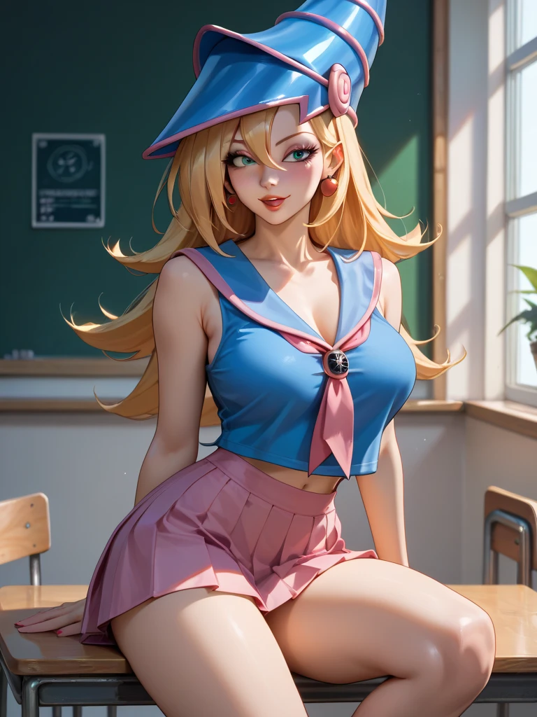 (1girl), masterpiece, best quality, super fine illustration, an extremely cute, highly detailed beautiful face looking at the viewer, 1girl, belt, close-up, looking at the viewer, 4k, high resolution, full body, The image features a female character with long blonde hair, wearing braids, wearing a blue and white .   The character looks directly at the camera with a soft gaze and calm expression.   Big bust,blonde hair,pink eyes,The image has a cartoon style and a soft color palette, creating a calm and contemplative atmosphere.  Scenario in front of everyone in the classroom, introducing himself,Wearing traditional Chinese  uniform 