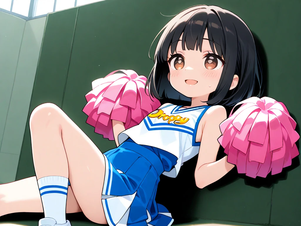 score_9, score_8_up, score_7_up, nsfw, (Demon Slayer, kimetsu no yaiba style), nezuko kamado, (1girl, solo), (Cheerleader, HaruCheerUniform, sleeveless, (bare abdomen, navel)), (blue skirt, windyupskirt, pink panties, camel toe), (wavy hair, long hair, two-tone hair, multicolored hair, black hair, orange hair, hair ribbon), forehead, (pink eyes, slit pupils), (smile, open mouth), holding pom poms, jump, falling Confetti
