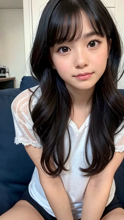 1girl in、15-years old、Esbian&#39;Because of the loud boos, the lower part of her chest was visible.、A dark-haired、hotpants、pantiy、Beach、A slight smil、cleavage, decollete, decolletage 