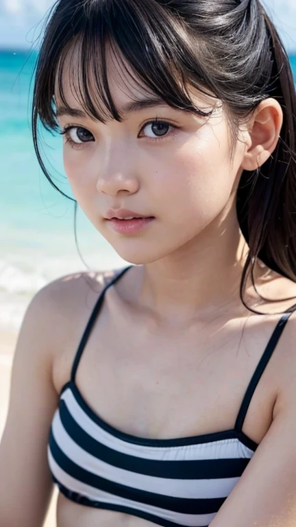 ((Best Quality, 8K)), Beach, Beautiful Girl, Cinema Lighting, Idol, Japan Person, See, Black Eyes, Small, Black Hair, Short Hair, Twin Tails, No Makeup, Detailed Skin,, Sexy, Cute Face, Detailed Eyes, Bikini, Background Blur