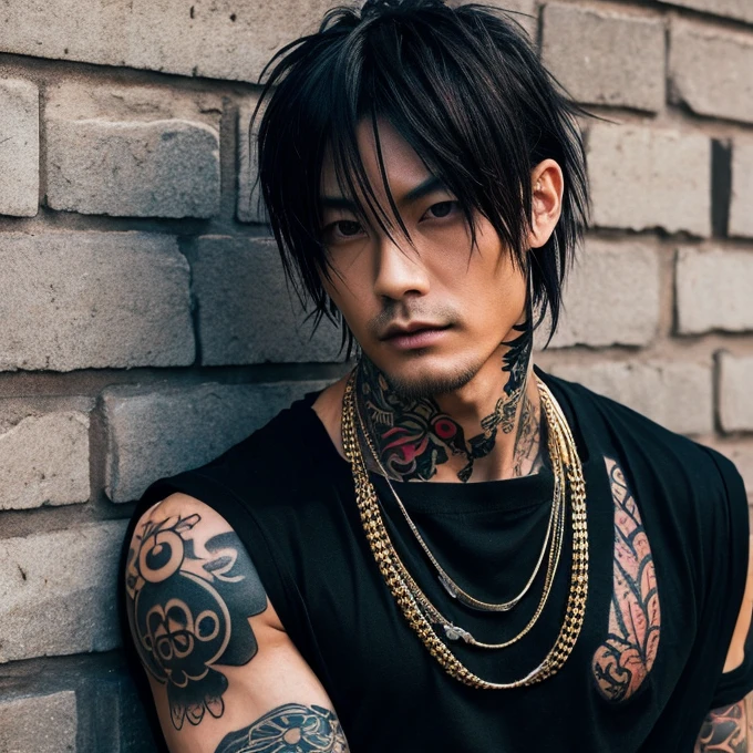 1 man, Japanese man, male, Asian eyes, muscular, broad shoulders, yakuza tattoos, hairstyle Visual Kei style, hair Visual Kei, black men's shirt and black pants, ultra detailed face, hyperrealistic, realistic representation, 30 years old, age 30 years, black and blonde hair