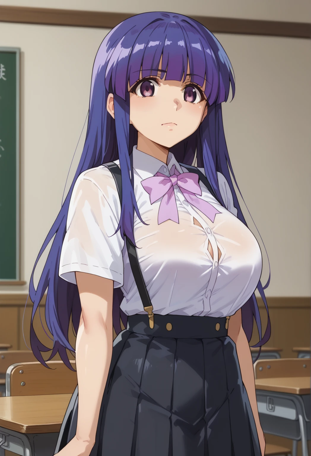 tohkayatogami, tohka yatogami casual, long hair, purple hair, alluringly smile, sheer off shoulder, cold shoulder ,tight blouse, soft pink tops, satin fabric, pink choker ,cleavage , mid rift necklace, ribbon , frilly skirt, knee length skirt, tight skirt, cute purse (purple eyes:1.1), hair ribbon, ponytail, purple hair, white ribbon, g cup breasts, slender waist, plump butt , high heels 
BREAK ,
BREAK indoors, office, alone, 
BREAK kiss lip posed,distance view, head to toe view, looking at viewer, seduce poses (cowboy shot:1.5),
BREAK (masterpiece:1.2), best quality, high resolution, unity 8k wallpaper, (illustration:0.8), (beautiful detailed eyes:1.6), extremely detailed face, perfect lighting, extremely detailed CG, (perfect hands, perfect ???????),