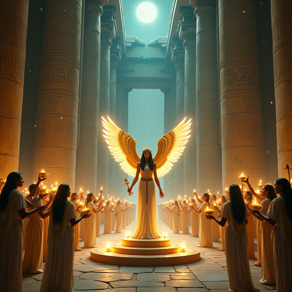 Three angels of light, with outstretched wings, surrounding a large golden crown suspended in the air. The crown shines brightly, and in the background, a heavenly sky filled with brilliantly colored lights and auroras. The floor below is made of clear crystal, reflecting the heavenly light, creating a sense of purity and holiness.