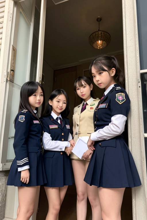 realistic pictures、highest quality、ultra high resolution、Professional specifications、shiny thighs、Very clear skin、(((Very loli child sisters sitting on the toilet bowl)))、inside the toilet、(((look at the camera)))、((Open your mouth wide and cum in my mouth))、Japanese blue school sailor suit、very short skirt、((Police Officer Cap))、short sleeve、belly button、child'face、((A large amount of white semen drips from the mouth))、((crying face))、A large amount of semen on clothes