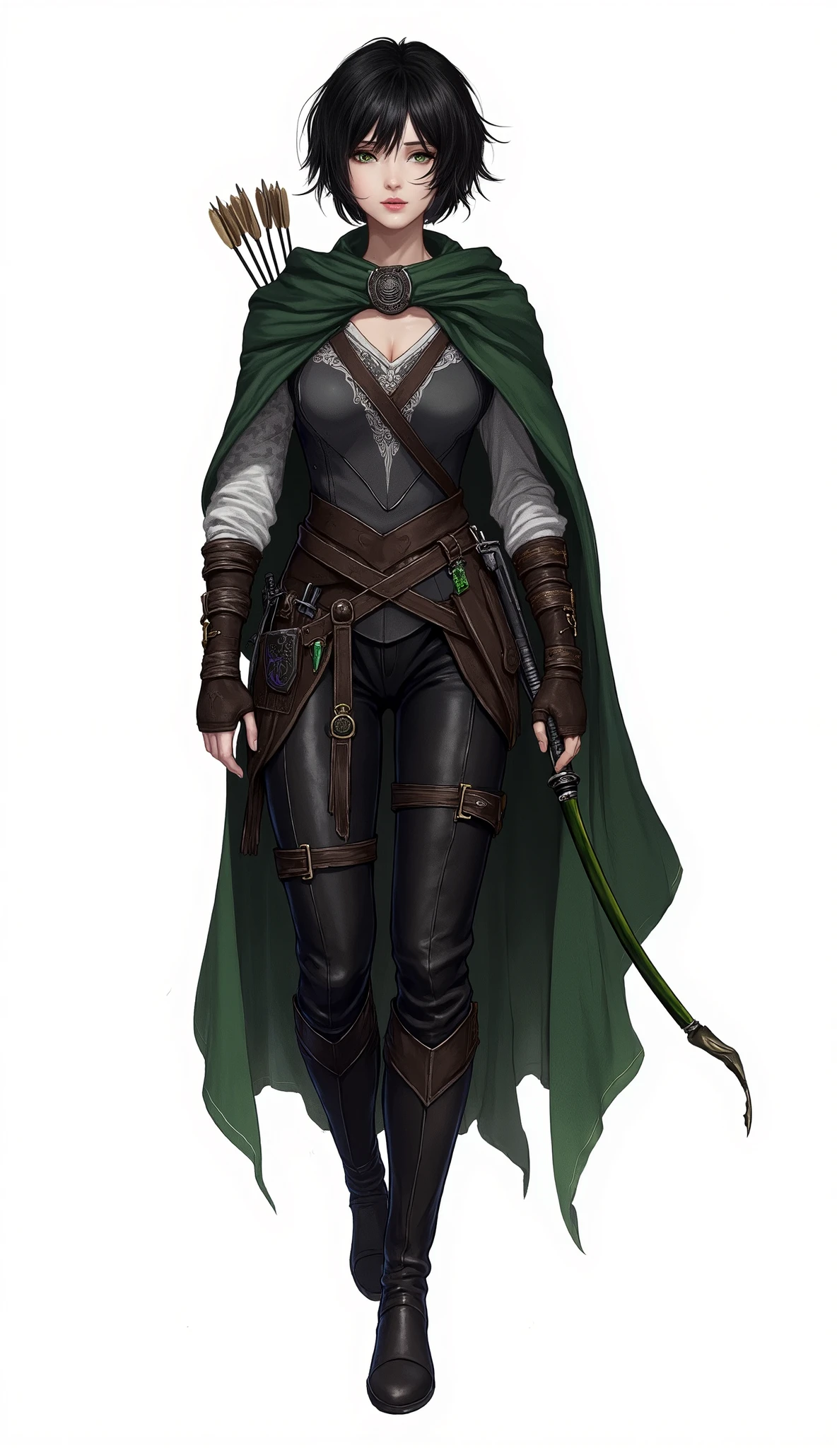 "Create a medieval fantasy character, a skilled archer with short, windswept dark hair and piercing green eyes. She has an innocent, beautiful face with an oriental Eastern-inspired charm. Her outfit includes a unique dark grey cloth top and detailed with strips and plates of leather, a dark green cape, sturdy dark leather pants, and light boots for agility. She wears a leather strip belt holding potions and essentials, a black dagger on her right thigh, and a green short bow slung over her shoulder. On her back is a quiver with meticulously crafted arrows. Her look is completed with a delicate necklace from her mother, symbolizing deep sentimental value." White background