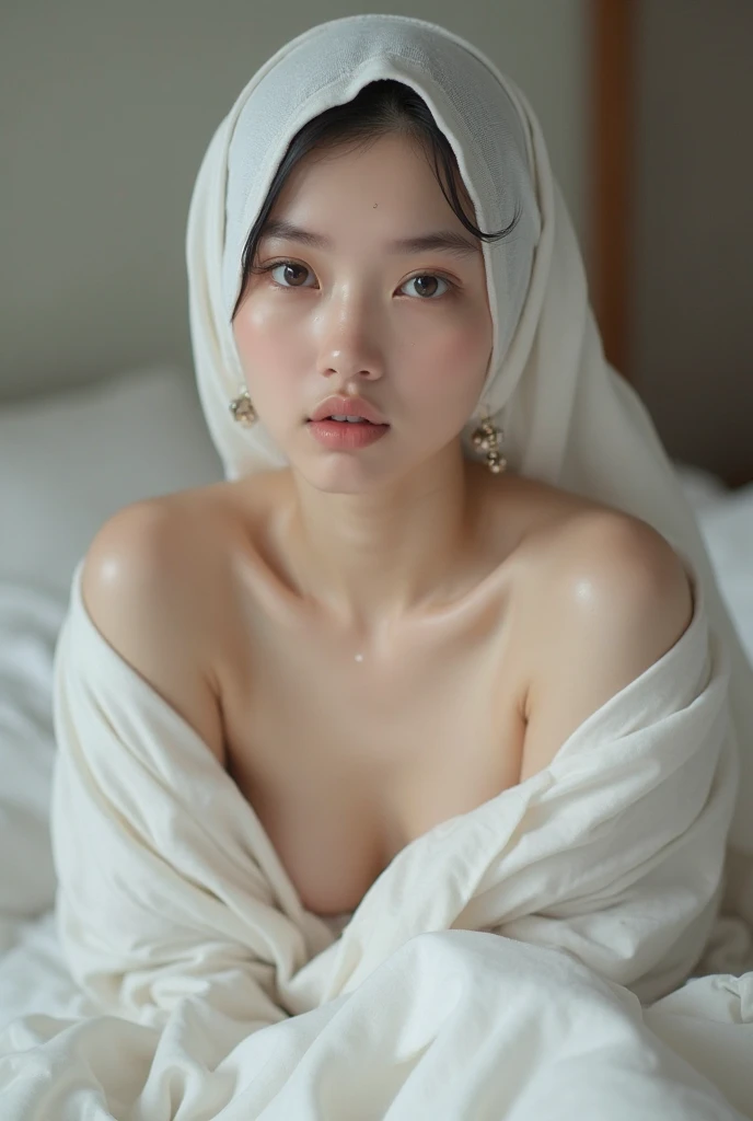 Hyper realistic, Beautiful, cute Face, 8 Years old Indonesian girl, (wearing hijab), flat chest, cute baby face, light purple kebaya dress, luxury necklace, White Skin, sitting on chair, in front of mosque, Perfect Potrait, Bokeh Effect, Look at Viewer, Perfect Eye, Perfect Hand, Perfect Finger, side view,  full body shot, face incredibly detailed, lips, realistic skin, solo,flat breasts, topless, skin tight, puffy ,facial, masterpiece,best quality, Intricate, High Detail, dramatic, wide view, ((topless)), open legs, show off vagina