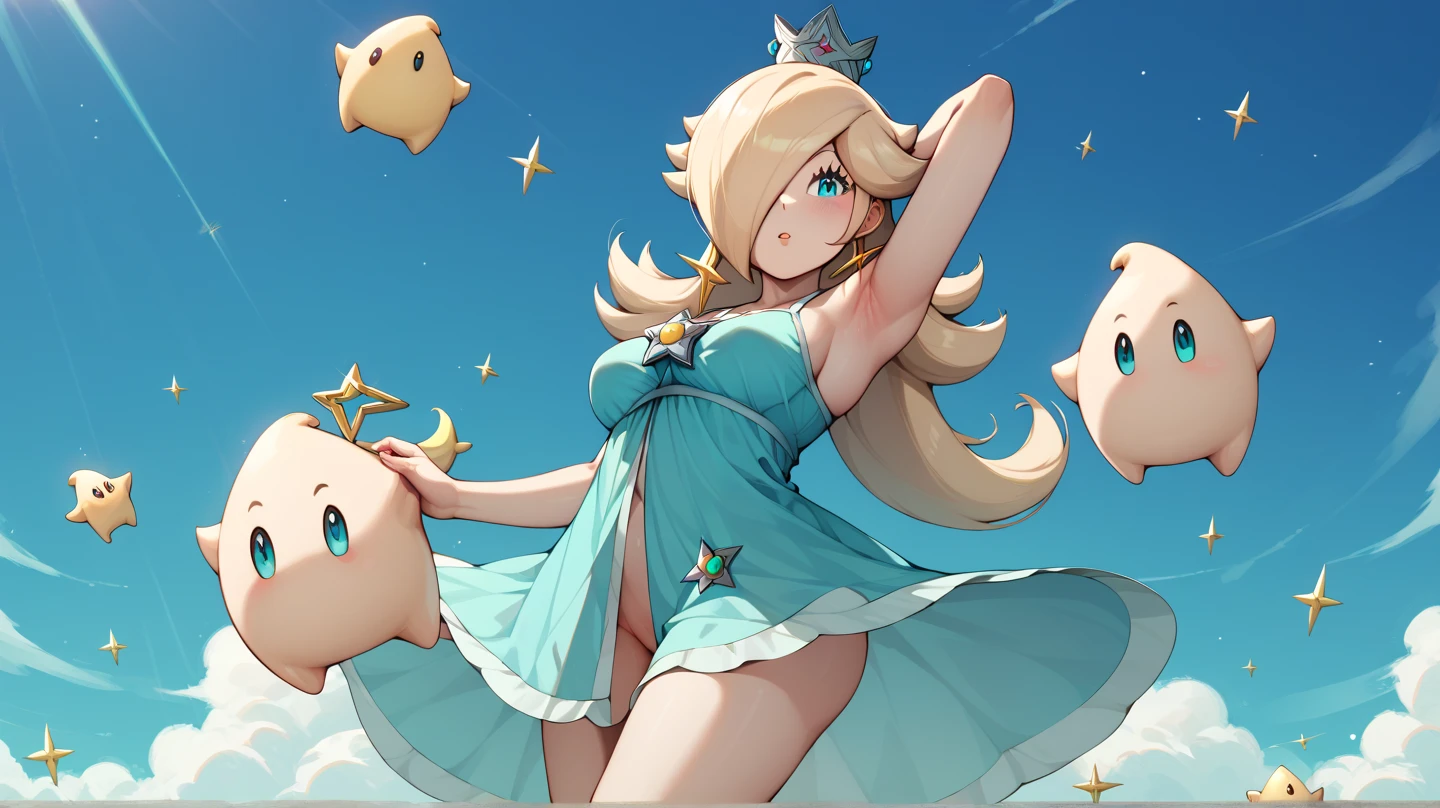 Rosalina from Mario Galaxy, heels, light blue heels, open heels, blue toes, sexy high heels. Space. Masterpiece, UHD