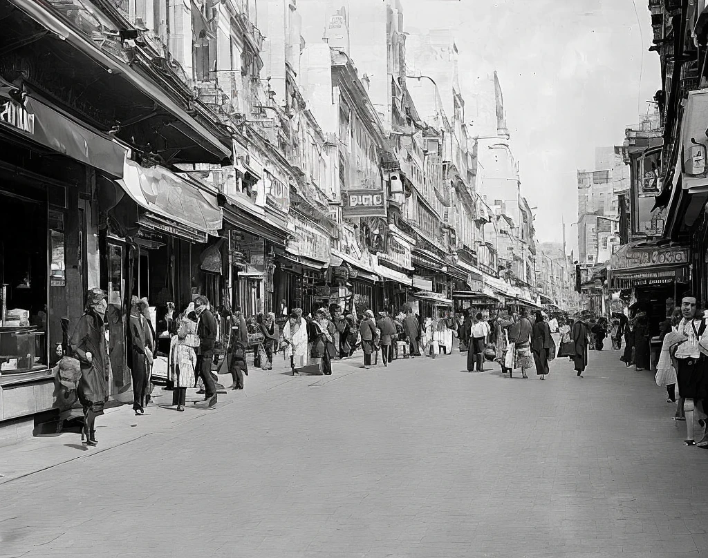 Create vintage snap shot from history , camera wide gets crowded people and metro body like Trian in black and white color photo a realistic natural image with smart dimensions from artificial intelligence with professional quality, high transparency and virtual reality of a public street with a crowd of pedestrians, elevated metro station WITH automatic stairs and shops next to each other and their displays with front lighting from hand and neon and their signs with illuminated names and a corner of a coffee shop with some people sitting on it. It has a glass front that enables you to see what is inside of it from people and those sitting and it has the name Costa Coffee hanging at the highest point as an advertisement for the place. This name is illuminated with an eye-catching color for the place and has high lighting from neon and LED that enables clear night vision. Make this image with realistic dimensions that shows a real photographed image of the street with the coffee shop and the advertising lighting for the name of the place in a professional manner. Use realistic images, cinematic films and others, use history images white and black color image.
