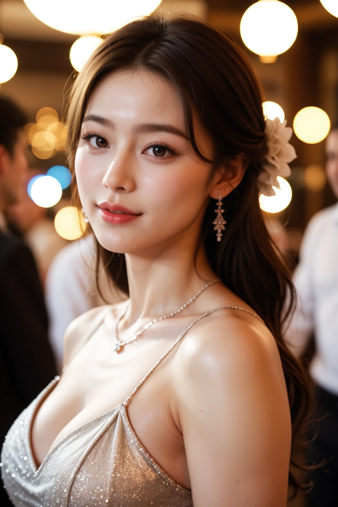 masterpiece, Highest quality, Realistic, Very detailed, Finer details, High resolution, 8k wallpaper, One beautiful woman, Wear an elegant white see-through blouse, In a great restaurant, At night, Light brown messy hair, Perfect dynamic composition, Beautiful and beautiful eyes、Big earrings、Sit on a chair、Cleavage、Bra is visible、ブラジャーの色は赤、