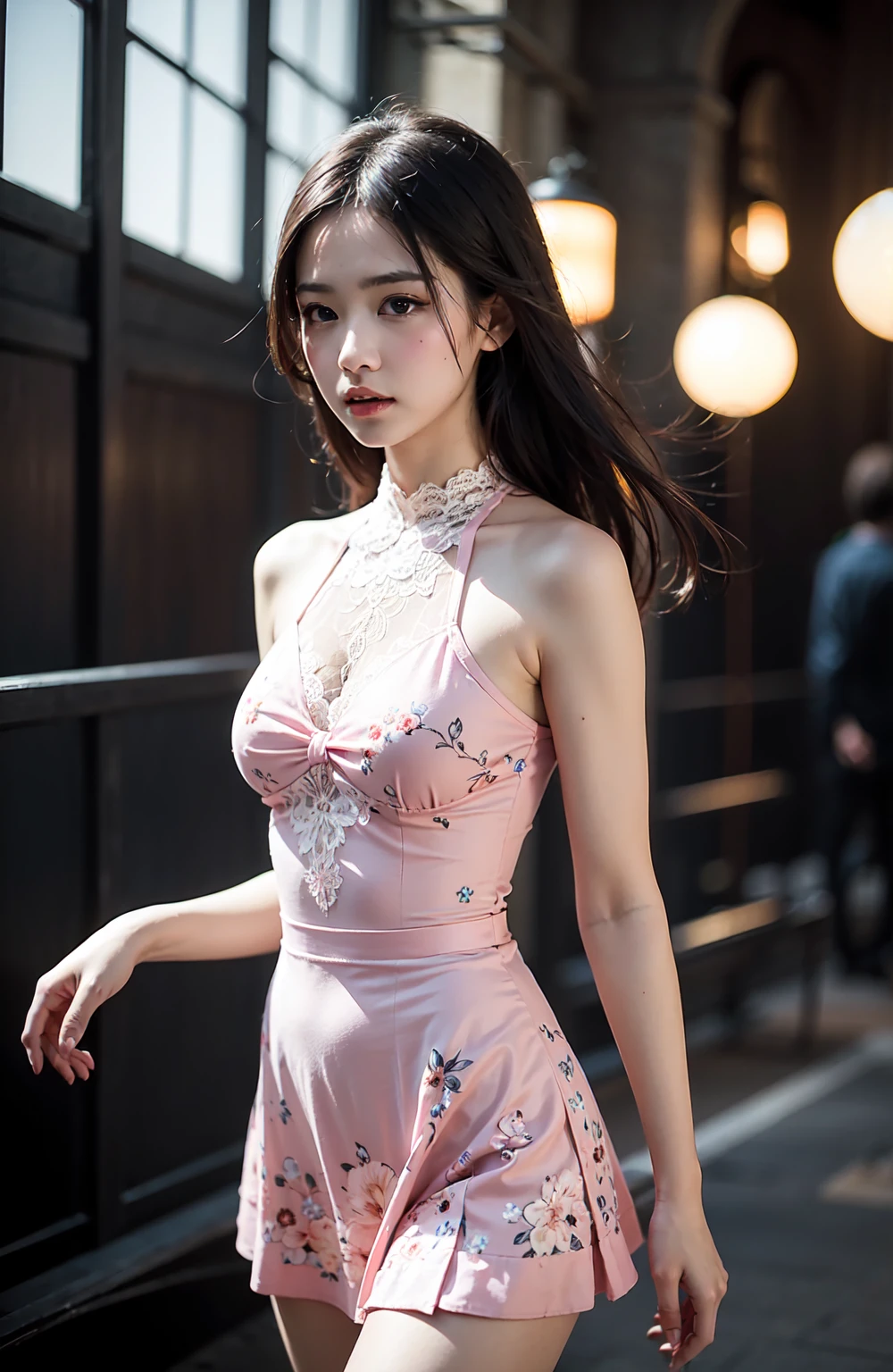 ((whole body from thighs:1.5)), ((Photorealism)),
((highest quality, 8k, masterpiece: 1.3)), Perfect body beauty: 1.4, (Breast A cup:1.2), Small breasts, Round shaped breasts, Perfectly shaped breasts, Highly detailed face, Beautiful woman, (Dark brown shortcuts), Slim face, Highly detailed face and skin texture, Highly detailed lips, Spread your legs, highest quality, masterpiece, 超A high resolution, (Realistic:1.4),
((18-year-old, Beautiful female college student)),
((Floral print cache-coeur dress, turtleneck, Do not expose skin:1.5)),
((Cute Earrings, Silver Necklace)),
((Factory Piping, Spill milk on the floor, Dimly lit room at night:1.7)),
((Sitting on the floor, I can see your beautiful thighs:1.5)),
((Sexy atmosphere, Gaze seducing a man, hold out your lips, A sigh escapes:1.2)),
((Point slightly upwards)),
((Squint your eyes)),
((purse your lips:1.2)),
((Blushing:1.2)),
((Open your mouth a little to show your white teeth)),
((Body facing forward)),
((Breast enlargement, Beautiful breasts, Cover your chest with your palms)),
Narrow shoulders, Long, slender legs, Thin waist,
Ultra-detailed skin, Glossy Skin, Ultra detailed face,
Ultra-detailed eyes, Slit eyes, Brown eyes, double eyelid, Beautiful thin eyebrows, Thin, long eyelashes,
Ultra-detailed lips, Fuller lips, Glossy pink lips, Flushed Cheeks, White teeth,
Beautiful actress's languid make-up, Pink lipstick, Smoky eyeshadow, Eye foundation,
Dark brown hair, Delicate and soft hair, Hair blowing in the wind,
(Elegantly putting your hair up, short hair, ponytail:1.5), Layered Cut, (Blunt bangs:1.2),