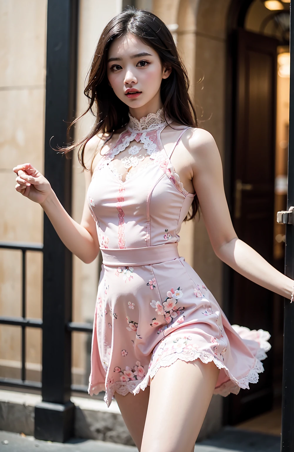 ((Make your subject look three-dimensional with the contrast of light and shadow)), (show 1 woman, 24 years old, famous actress, confidently walks on the red carpet, Film Awards Gala), looks at the viewer, ((Full-body-photo-shot:1.35)), photorealistic Realism 8K, 16K Quality: (high detail, beautiful face), (8k toptable best highly detailed realistic perfect brown_eyes:1.35), (light pale complexion), (Insanely realistic sharp-eyes)), (droopy eyes:1.3), Dark Eyes, Thin eyebrows, Carefully draw eyelashes, Eyelash extensions, Gal Makeup, Orange teak,realistic dull skin noise, visible skin detail, skin fuzz, dry skin, Depth of field, cinematic light, Lens flare, best high quality real texture skin, (A woman with velvety skin:1.3), (best high quality real texture hair), (blonde short hair((wavy combed up, behind the ear:1.22)), hyper detailed:1.2), (white, eye-catching (lace-up) over-the-knee boots:1.35), ((high heels)), (firm big full breasts), (narrow waist:1.15), ass, perfect thighs, slim muscled body, she is the embodiment of beauty and allure, (Dressed in a breath taking, silk Dolce&Gabbana Floral dress:1.3), elegant fashion intricately detailed:1.21),