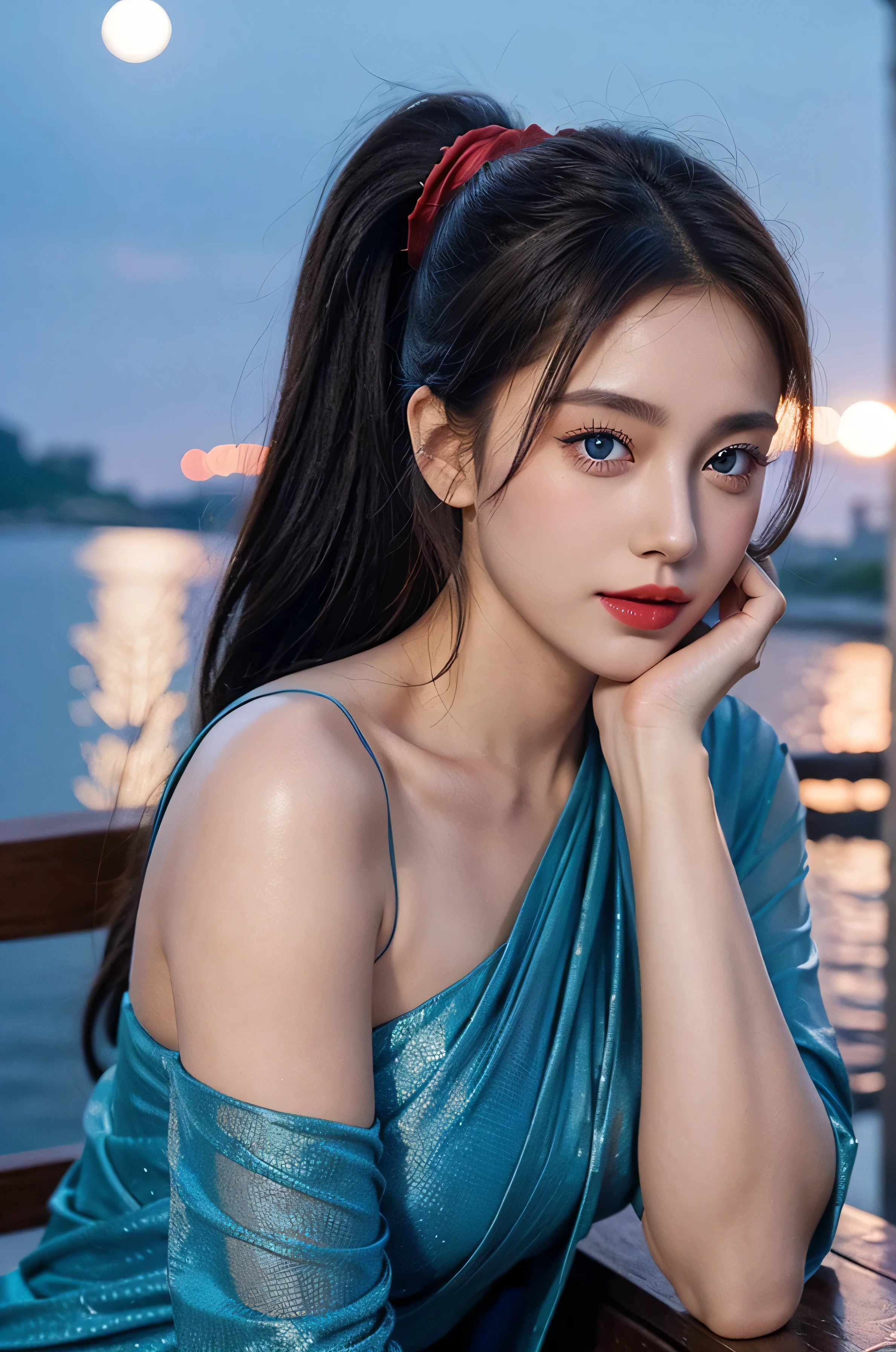 With high definition images, 1 girl, high resolution on down, face details, masterpiece, under the moonlight, blue eyes, beautiful background, beautiful view, saree, skin shining under moonlight, red lipstick, Folded Ponytail,