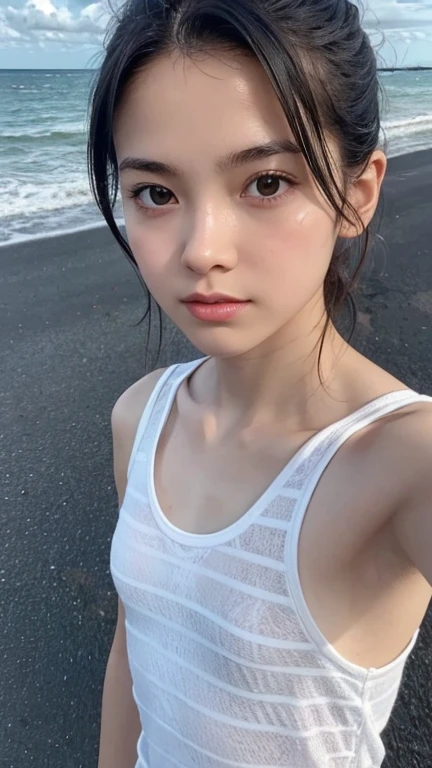 Hair blowing in the wind、Sweaty skin、Sweaty hair、Wet clothes、Coast at dusk,A cute girl with a face like a Japanese idol, Short Hair, Skinny body、athlete、(Cinema Lighting),(Natural light),(High level of artistry),(artistic),(Indistinguishable quality from the real thing),{{RAW Photos}},{{Genuine}},High resolution,masterpiece, beautiful, Handsome Tomboy, Looks like a salon model, Cool face,  (nsfw),、Puzzled、shame、sleepy、(Spoiled:1.4), Cowboy Shot、Wet, tight one-piece swimsuit、School swimsuit that clings to the body, Sexy model posing、