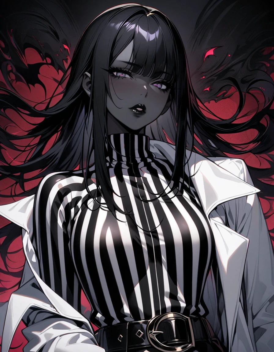 Close-up of a girl in a suit and tie, androgynous vampire, junji ito 4 k, with long dark hair, ito junji art, style of junji ito, Dark Costume, portrait of sadako of the ring, Gentle androgynous princess , Beautiful androgynous princess , with her long black hair, girl in suit, (big yellow eyes:1.3), detailing, extra high resolution, 8K, (The blood on her lips runs down her neck), (Lovely Medium Breasts), perfect anatomy, (Gloomy color scheme:1.5), (skinny body)