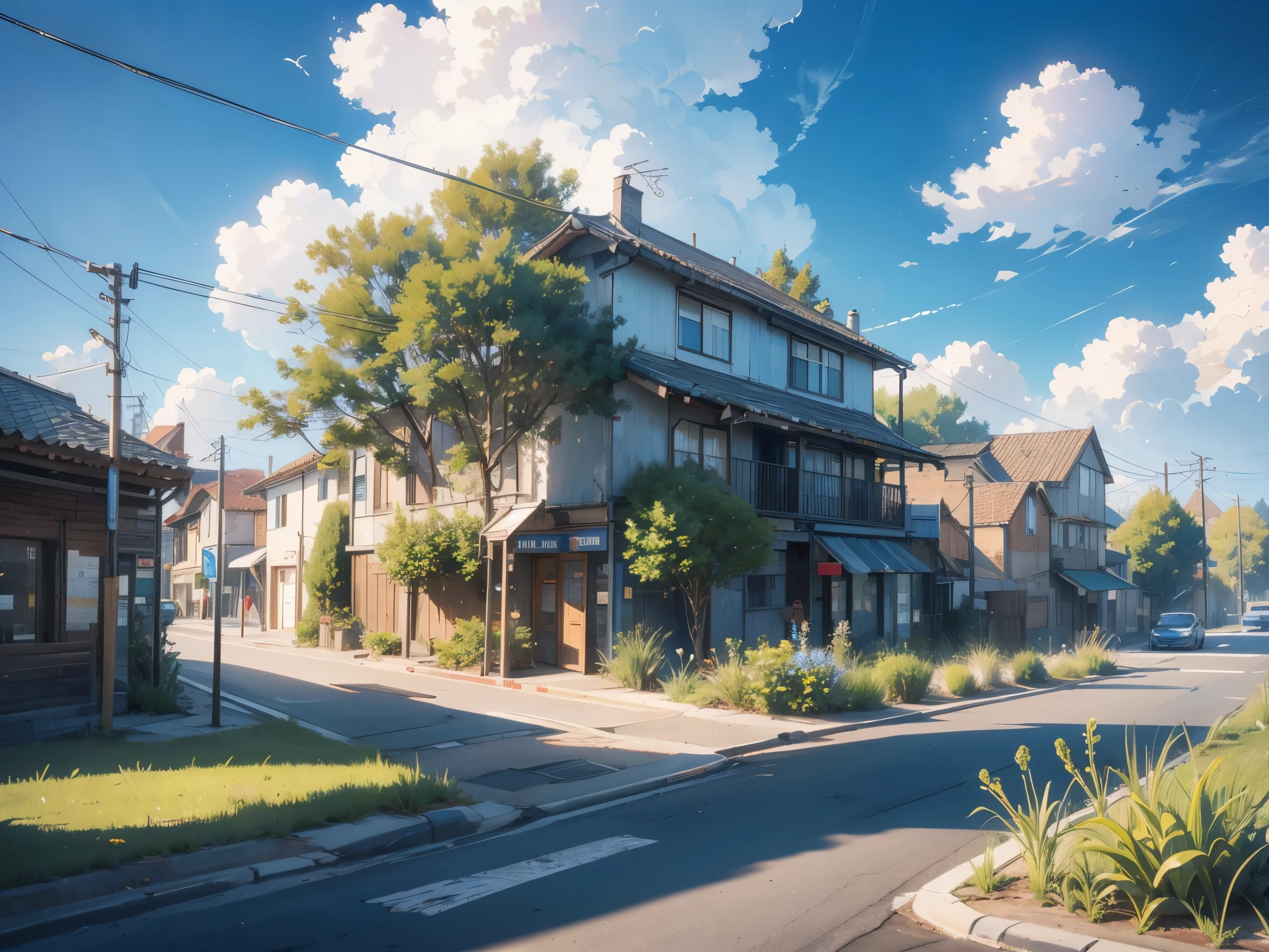 The fascinating landscape of the city, where some vegetation comes across our eyes in some places.  empty streets, beautiful blue sky with fur-colored clouds and slightly sparse clouds.