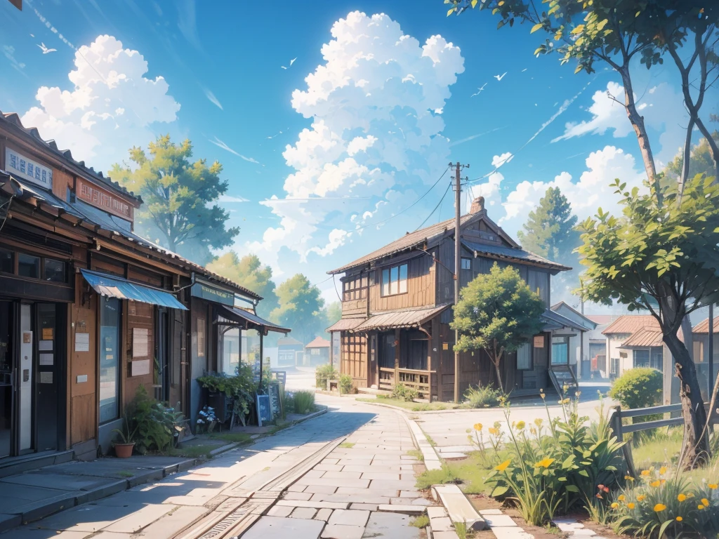 (Japanese town landscape), (Miyazaki style), cartoons, few Japanese townhouses, roads, curves, small houses, trees, poles, white clouds, calm landscape, outdoors, green trees, train road, train, epic composition, realistic lighting, HD details, masterpiece, best quality, (very detailed CG unified 8k wallpaper), --v6