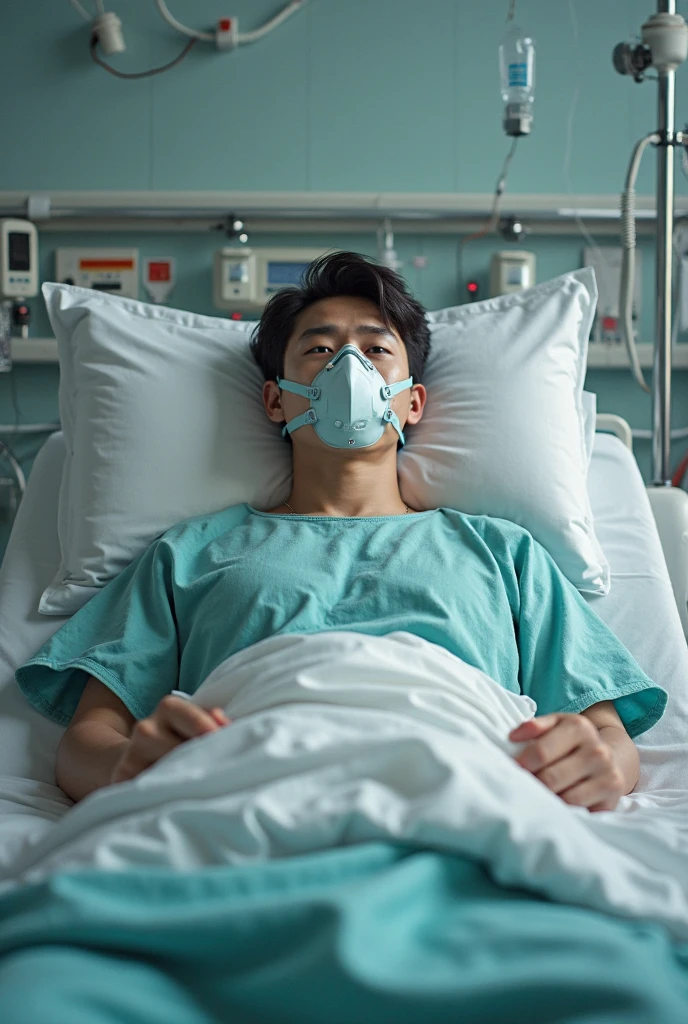 A picture of a boy around 21 to 2 lying on a hospital bed with black hair and an oxygen mask on his face and the picture doesn't appear edited at all looking completely normal as if taken with a regular phone in a hospital room in which the patient looks too much in intensive situation