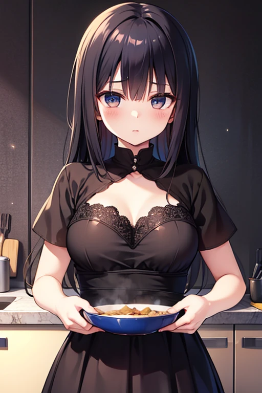1 girl, casual dress, cooking, in the kitchen, long black hair, neko style cat ears, red colour eyes, beautiful, cute, perfect body figure, normal breast 1:3, pale skin, look at the viewer