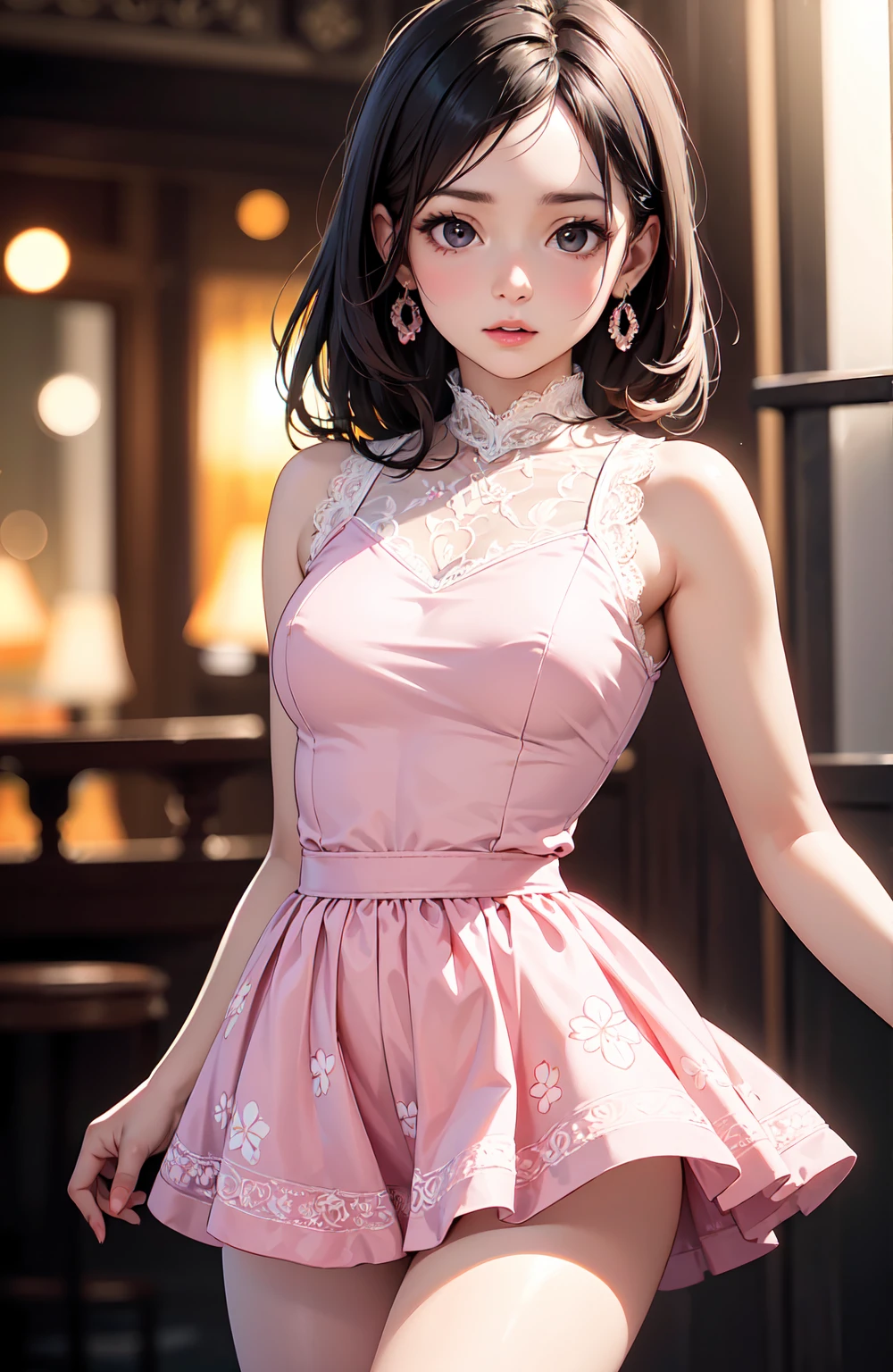 masterpiece、Soft Focus , Bright gradient watercolor、Tabletop, High resolution, 8k, Anime Women, Delicate and detailed writing 、Detailed digital illustration、high resolution, high quality、Detailed Background、Close-up photo、(((Two arms、Four fingers, One thumb)))、Detailed female face、Accurate Fingerasterpiece:1.2)、highest quality、High resolution、unity 8k wallpapegure:0.8)、Highly detailed face、Perfect lighting、Highly detailed CG、(Perfect hands、Perfect Anatomy)、
One Girl、Looking at the audience、
Beautiful pink eyes、Black hair bun、Plump and glossy lips、Heart-shaped choker、Idol、
pink IDOL costumes、Short skirt、Drape clothes、gem、The decoration has been removed、Floral、Lace trim、On a glittering stage、Showing affection to the audience