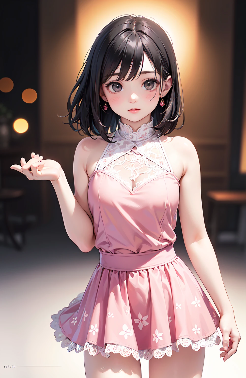(8K high resolution),(Highest quality),(RAW quality),(Cowboy Shot:1.5),(Realistic, Realistic:1.37),Very detailed,One Girl,(Very detailedな),(Big eyes),(Highest quality),(Very detailed ),(masterpiece),(Detailed face),,1 girl,(Center of chest:1.5),(Skinny girl:1.6),(Baby Face:1.5),(Young Bo),(Oily and shiny skin:1.5),(13 years old中学生:1.man:1.3),((close)), (With a girl:1.2), (Black-haired, Shortcuts:1.3), (Dynamic pose:1.2),Plump and glossy lips, Beautiful and clear eyes, (The best smile), Voice of the Heart, (Perfect hands:1.2), (Pink and white theme:1.5), (fake pink cat ears:1.4), (Tweed pink strapless short camisole、With lace-up:1.4), ((Expose your shoulders, belly button, Bare Belly):1.3), (With rufflesショルダーストラップ:1.4), (Tweed micro pink tiered skirt(With ruffles):1.4), (White Pantyhose:1.2), (Pink choker with bell:1.3), (Bell earrings:1.2), (Pink heel pumps:1.1),Low angle shot, Tabletop,Highest quality,Very detailed, masterpiece,Low angle shot, Tabletop,Highest quality,Very detailed, masterpiece,