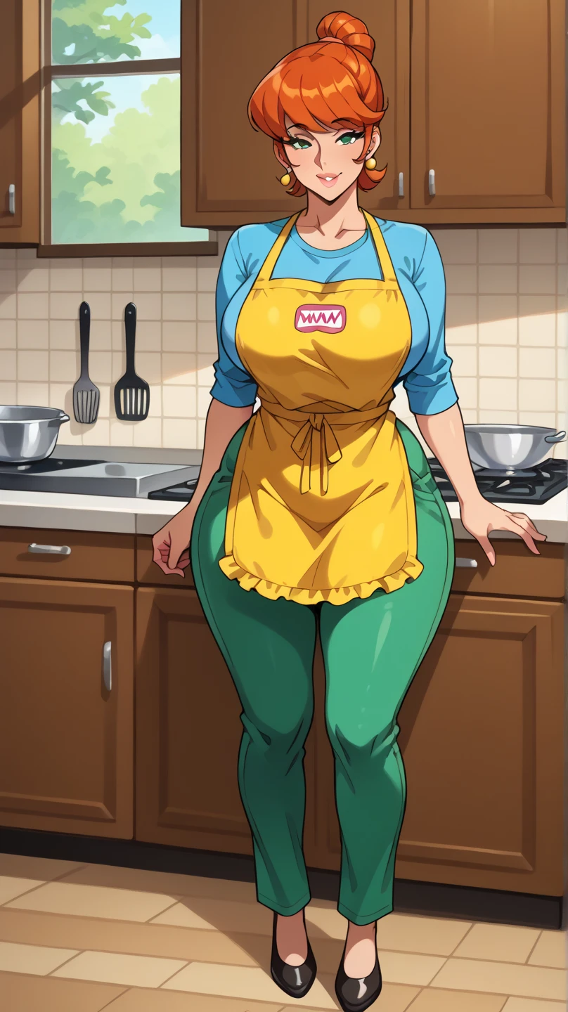 MILF mother, she has dark brown updo hair and brown eyes she is wearing a white small collar shirt with cleavage and blue jeans and brown loafers shoes, she is making dinner in the kitchen, she has thick thighs