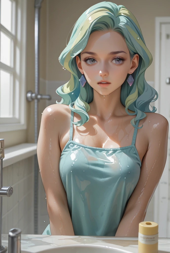 Princess Celestia, Princess Celestia from my little pony, Princess Celestia in the form of a girl, long hair, lush hair, large breasts, voluminous breasts, elastic breasts, in the shower, taking a bath, wet, completely naked, no clothes, closed between the legs, a lot of steam, transparent underwear, very wet bra, wet hair, nude, covers the chest with a hand, best quality, very detailed, ultra 8k resolution