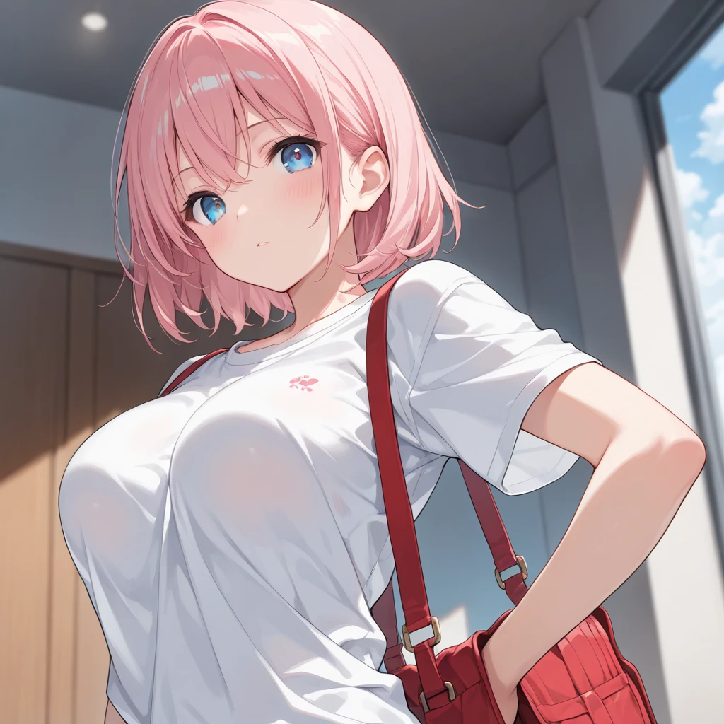masterpiece, best quality, high resolution, extremely detailed, cinematic lighting, 1girl, looking at viewer, cute, medium breasts, pink hair, medium hair, blue eyes, buruma, gym uniform, gym storeroom, embarrassed, shy, looking at viewer, navel, sweatdrop, blush, sunlight, shadow