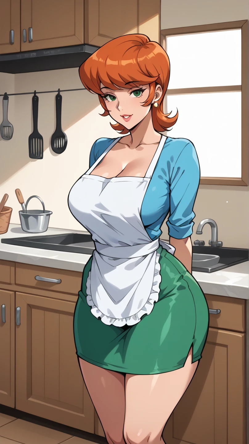 (High resolution,realist:1.2),beautiful,beautiful mother , in a kitchen, mother in green skirt, Big breasted mother, mother in red and sexy underwear, opens her shirt to show her bra, sad look with tears, yellow gloves, short hair, Red hair, with apron.