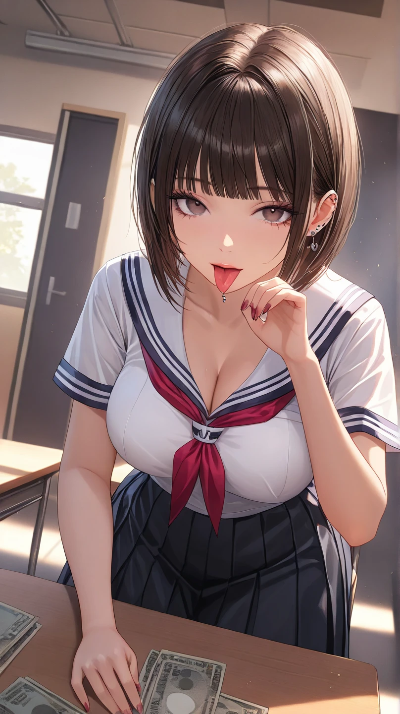 (((masterpiece, Highest quality, High resolution, 超High resolution, Pixel perfect, Written boundary depth, 4K, About RTTX10.0))), Beautiful Anime Women, Beautiful art style, Anime characters, ((Smooth texture, Realistic texture, Anime CG Style)), Exact finger count、Exact number of legs、(Exact number of arms:1.0, Exact number of hands:1.0), (Perfect hands, Perfect Anatomy), Cinematic, Realistic, Highly detailed CG, Daytime lighting, Perfect lighting, Best Shadow, The best natural light, whole body, Perfect body, (Slender body:1.2), whole body, ((bangs, Dark brown hair, Bobcut)), ((One woman is kneeling, looking up and gazing open-mouthed., sleep:1.4)), ((Beautiful eyelashes)), ((Detailed face, Blushing:1.2)), ((Beautiful and large breasts)), (Amazingly beautiful girl), (School classroom:1.3), (Fashionable white shirt, Sailor collar, Navy blue sailor suit, Knee-high socks, Navy pleated mini skirt:1.3), (Open your mouth wide:1.5), ((close your eyes:1)), ((cute, Sighing expression)), Breathe with your shoulders, sexual pleasure expression, Holding in pee、Patience is the limit、On the brink of climax, (Perfect Anatomy, Perfect number of arms, Perfect hands)、(cum on face, cumin mouth:1.7), Look up, A 'Phew' sound, Surprised expression, Angle from above right, (My face is covered in sticky white liquid, There is a lot of sticky in the mouth:1.7)、fellatio