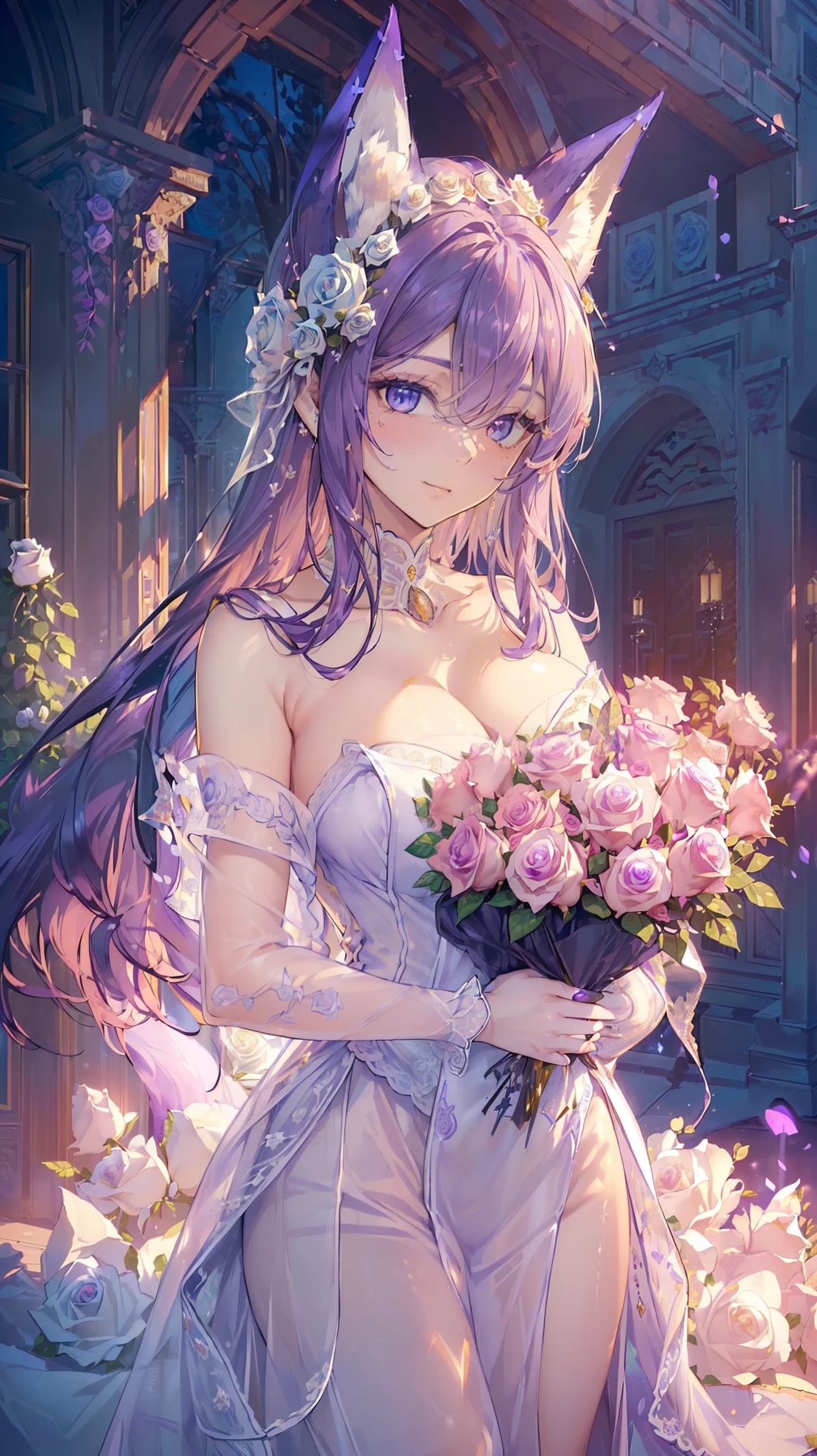1boy,1girl,( white hair,white_hair,silver_hair,silver hair,red eyes)bangs, bare shoulders, black gloves, blush, bouquet, breasts, bridal veil, cleavage, closed mouth, collarbone, cross, cross necklace, dress, earrings, elbow gloves, eyebrows visible through hair, flower, formal, gloves, grey vest, hair between eyes, holding, holding bouquet, jacket, jewelry, large breasts, long hair, long sleeves, looking at viewer, necklace, pants, purple eyes, purple flower,( purple hair), red eyes, rose, short hair, simple background, suit, tiara, veil, wedding dress, white dress, white flower, white gloves, white jacket, white pants, white rose, white suit