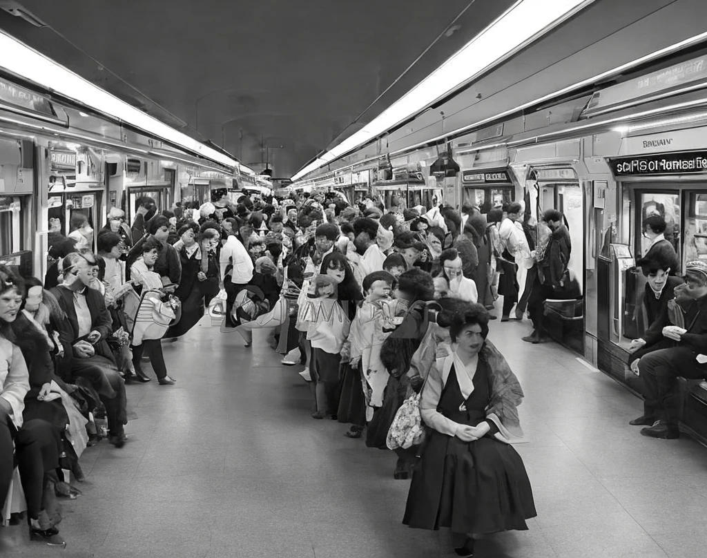 Create vintage snap shot from history , camera wide gets crowded people and metro body like Trian in black and white color photo a realistic natural image with smart dimensions from artificial intelligence with professional quality, high transparency and virtual reality of a public street with a crowd of pedestrians, elevated metro station WITH automatic stairs and shops next to each other and their displays with front lighting from hand and neon and their signs with illuminated names and a corner of a coffee shop with some people sitting on it. It has a glass front that enables you to see what is inside of it from people and those sitting and it has the name Costa Coffee hanging at the highest point as an advertisement for the place. This name is illuminated with an eye-catching color for the place and has high lighting from neon and LED that enables clear night vision. Make this image with realistic dimensions that shows a real photographed image of the street with the coffee shop and the advertising lighting for the name of the place in a professional manner. Use realistic images, cinematic films and others, use history images white and black color image.
