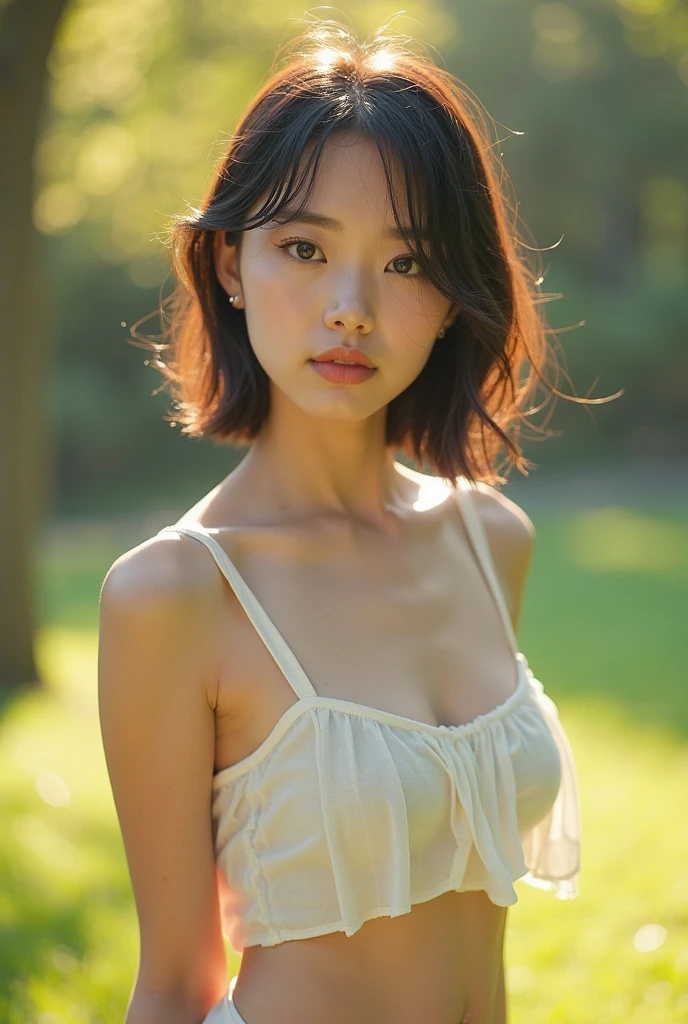 Masterpiece:1.2, high quality, best quality, high resolution, detailed, hyper realistic, 1 malay girl, naked, Shaggy hair, brown eyes, cleavage, sunset, small firm breasts, at rice field with few village, half body, shy smile, RAW, (detailed face), ((sharp focus)), ((perfect face)), delicate face, cyber shot