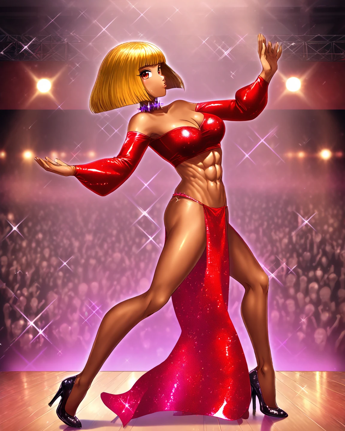 (anthro Dog:1.5), (doberman:1.4), (short tail:0.6), muscular body, small breasts, (white slightly transparent mini dress:1.6), (filigree gold bracelet:0.9), (full body view:2.1), toothy smilie, (arched back+dancing:1.7), light blonde long curly hair, (black background:0.7), detailed skin texture, 24k resolution, highly detailed, (red eyes:0.9), (natural front light:0.5), (realistic style:1.8), masterpiece