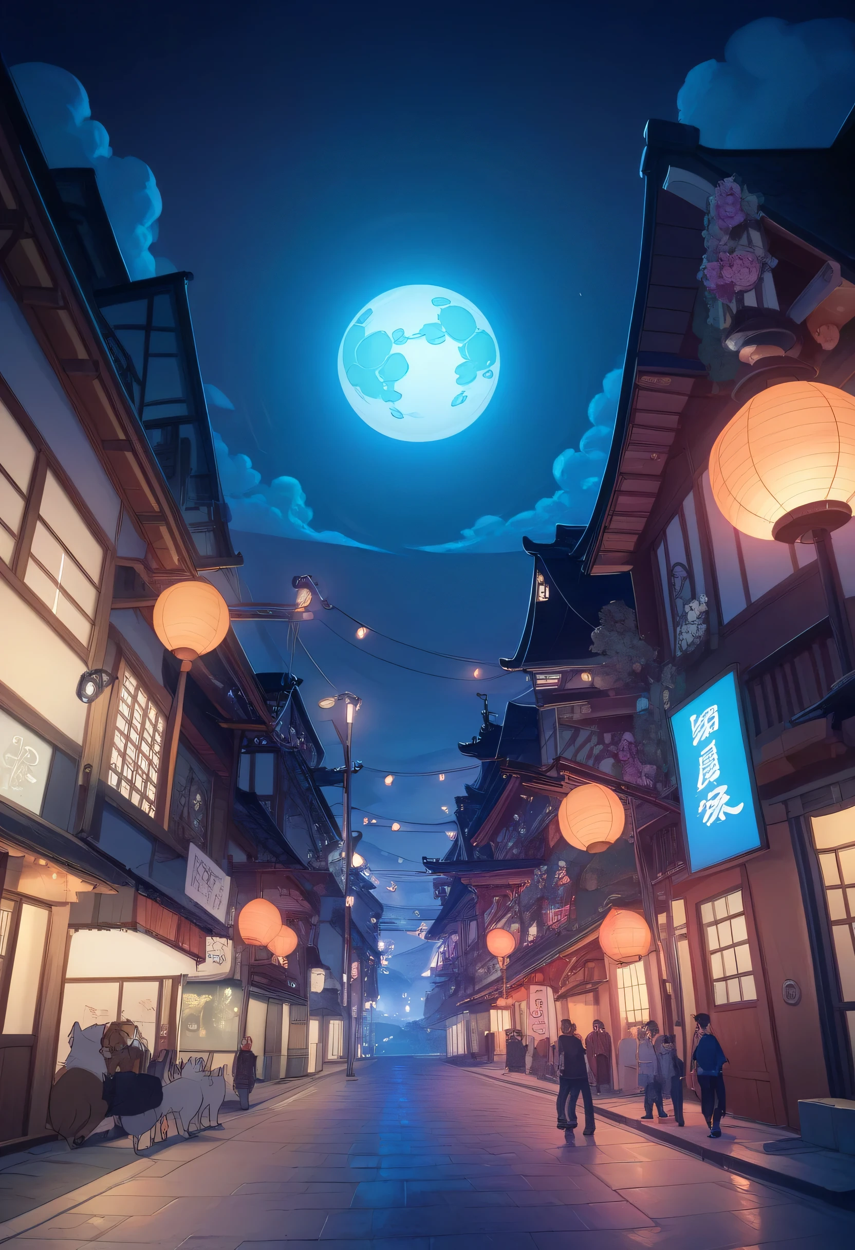 moonlit landscape, Traditional Japanese Streets, Empty Alley, wooden building, Five-Storied Pagoda Silhouettes, at night, Bright full moon , illuminated clouds, quiet atmosphere, high contrast lighting, Cool colors , Deep Blue Sky, Warm street lights, soft shadow, Full body photo of、low angles in Japan, wide angle view, Balanced Exposure, quiet and mystical atmosphere, there is no sign of people ,Kitten1Animals,