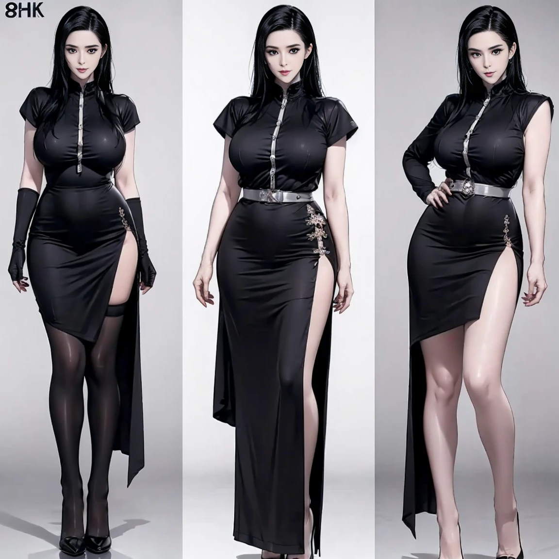 highest quality,masterpiece,ultra high resolution,(actual:1.4),original photo,ultra high resolution,8K,there is a woman,Fair skin,big waveedium purple and cool black collaboration dress:1.5,high heels,long legs:1.5,bright and beautiful,high waist,Fancy makeup with red eyeshadow,