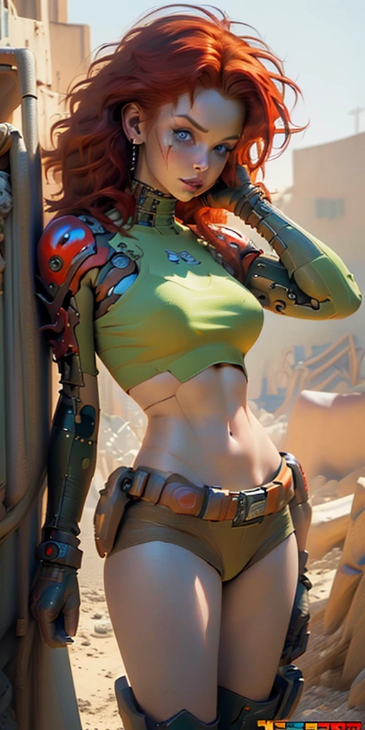 cute redhead woman in twin tails, multiple rainbow colored hair, sky-blue eyes, happy, Ukrainian, petite, pale skin, wearing a green metallic color bikini, post apocalyptic background, bleak barren desert, photo realistic woman. --auto