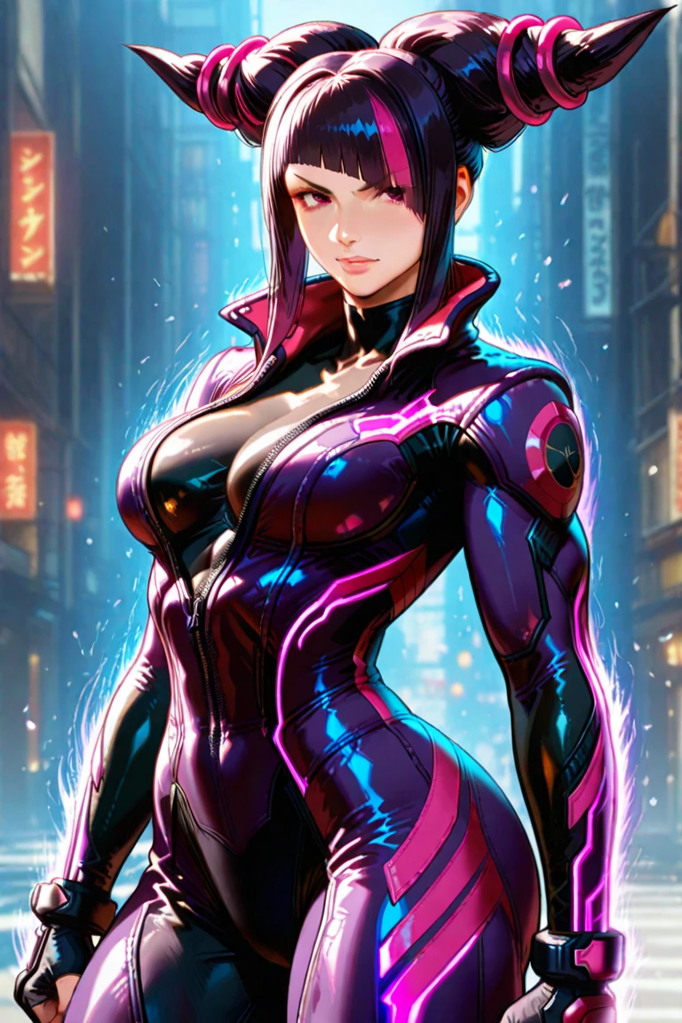 (best quality, masterpiece painting,:1.1), Oboro, mature female, full body shot, side view, red bodysuit, naked, armor gloves, purple hair, short hair, large breasts, (narrow waist:1.1), cleavage, perfect body, (athletic body:1.1), soft skin, anime face, perfect face, (perfect eyes:1.1), purple irises, anime eyes, smoky eyeliner, eyeshadow, asian, smirking, playful glance, (smiling:0.9), looking at viewer, Night streets background, blue neons, (neon lights:1.1), sharp focus, intricate details, professional artwork, (vibrant colors:1.1), vivid colors, Diffused lighting, digital blending, ultra detailed body, ultra detail hair, ultra detail face, trending on pixiv, by Kagami Hirotaka, Harue Koga, <lora:OboroV2:0.9>
