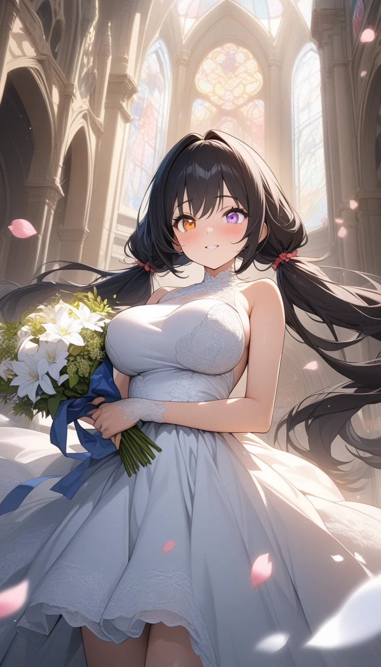 masterpiece, best quality, highres, aaichika, tiara, bridal veil, necklace, cleavage, wedding dress, strapless dress, white dress, white gloves, elbow gloves, garden on background, smile, open mouth, tears, upper body, confetti, holding bouquet, bouquet, aayorf, sidelocks, gold hairband, hair ornament, red eyes, gold earring, large breasts, choker, bare shoulders, fingerless gloves, thigh boots, tight white stockings