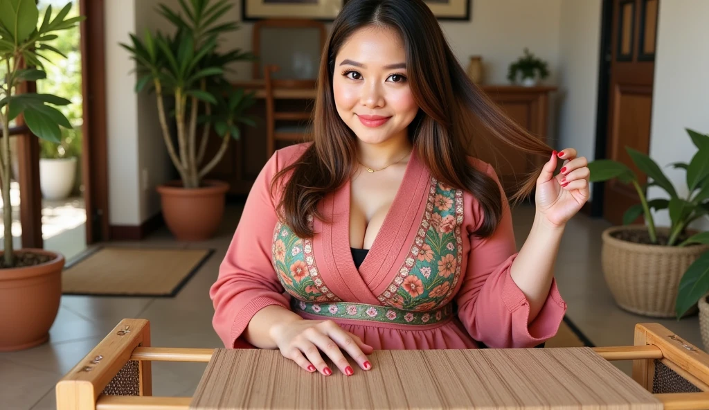 (hyperrealistic photo), exotic beautiful indonesian woman, plump, natural big breasts, knee-lenght sleevelesa batik housedress with intricate abstract details, sit on rattan chair, sensual pose, naughty expression, showing love sign with her finger,  looking at the viewer, natural light, wide angle full-body shot, indonesian village house in the background,