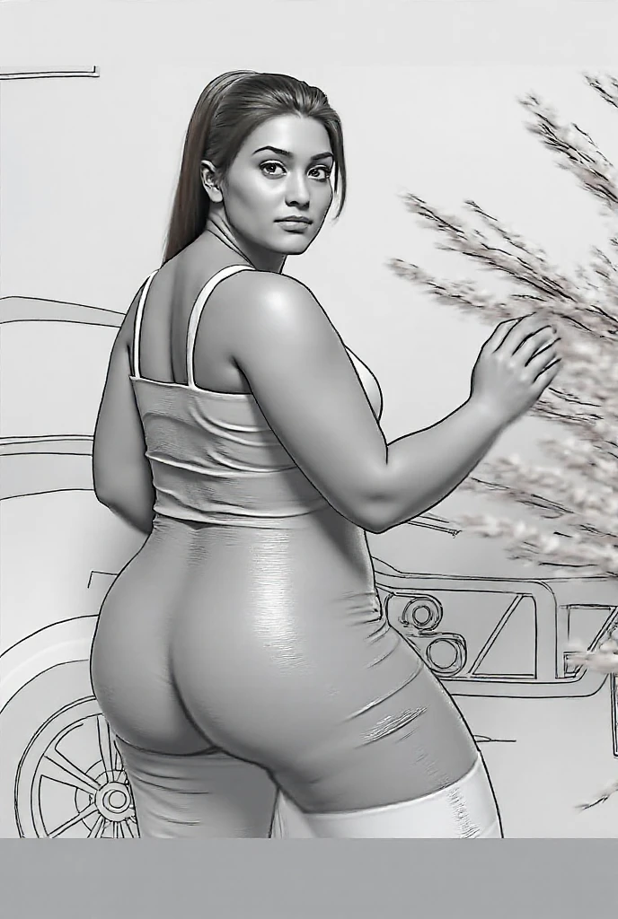 Curvy dark-haired Latina, in white bra, white fullback cotton panties, wearing lipstick, back shot, realistic art style, intricate details