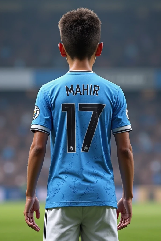 A boy wearing a Manchester City jersey is sitting on a wall and behind his jersey is the name Rajbi, the wall is black and there will be a flash of light in front of the boy.The boy's hair will have a nice haircut