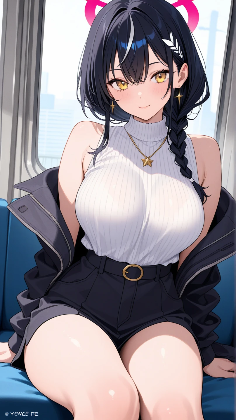 2d,(masterpiece), Highest quality, Very detailed, (watercolor), bloom, Delicate and beautiful, figure, (From below),(One girl:1.4),(Brown woman),(Healthy dark skin), (alone:1.2), Large Breasts, (Ribbed sweater:1.3), Off-the-shoulder sweater, (Short shorts:1.2), Bare shoulders, (Underbust), ((Dark Skin:0.8)), Beautiful Eyes, (Disheveled Hair ), photograph, Over the shoulder shot, Alex Maleev, Professional, Canon Camera, Nikon Camera, sharp, Bokeh, Studio Quality, Fisheye Lens, Robert Capa ,(Beautiful lips)