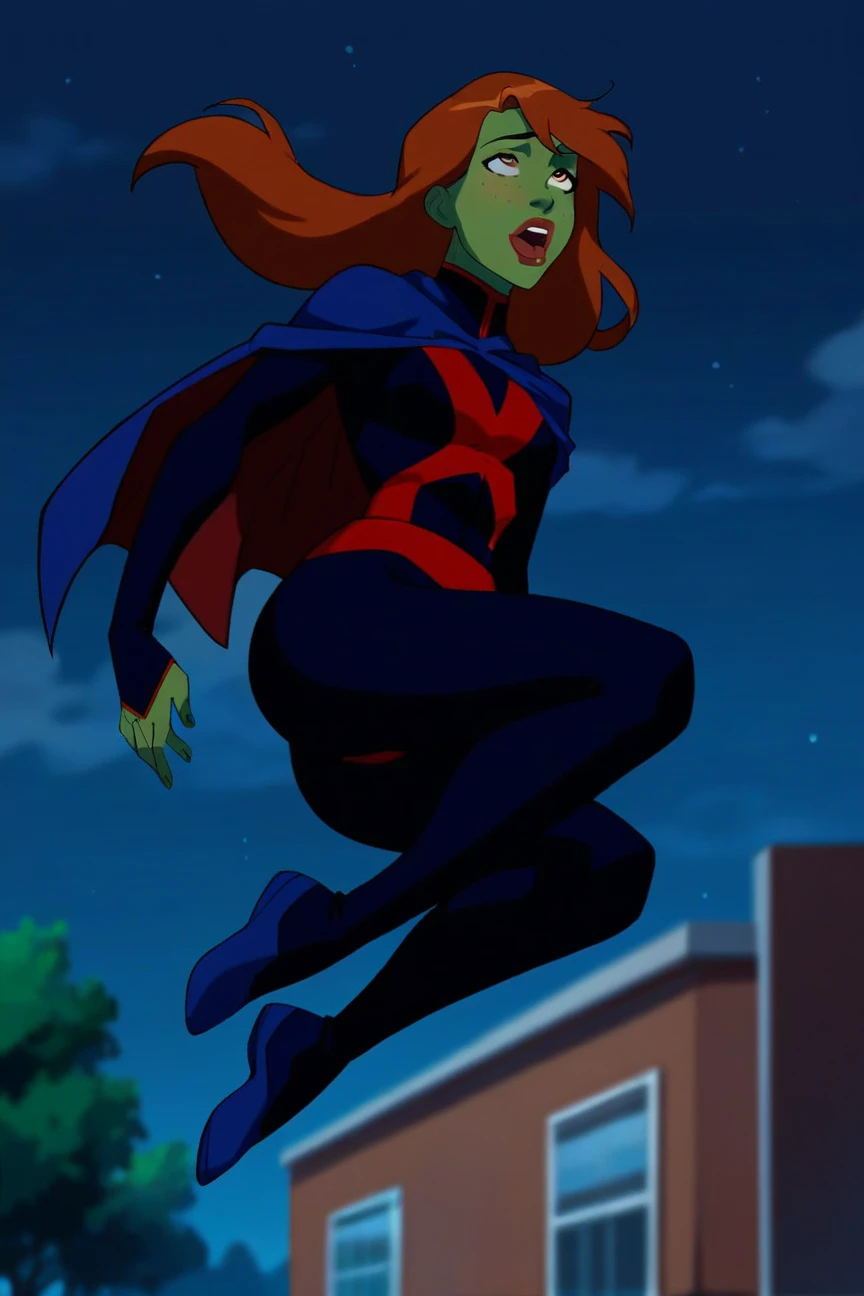 jackopose, top-down bottom-up, 1girl, green eyes, long hair, orange hair, kim possible, olive green jeans, black top, black gloves, black boots, masterpiece, in rooftop, blue sky , sun light,