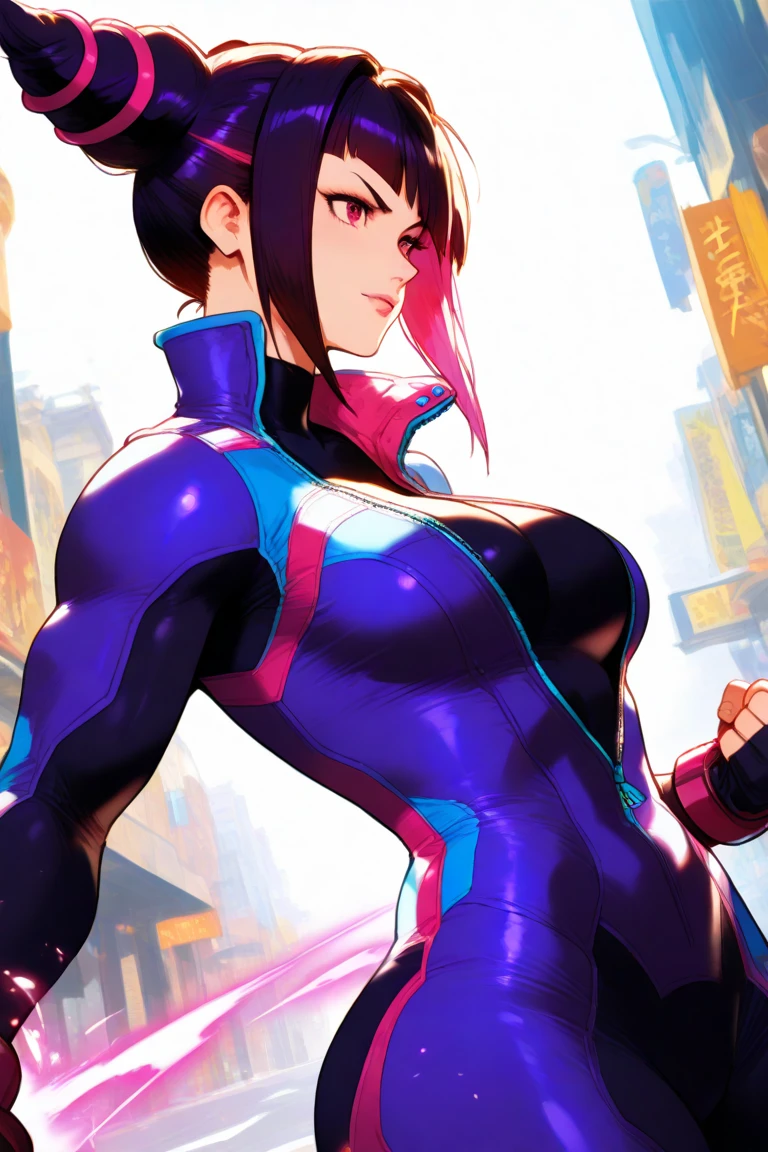 4K, A high resolution, Best quality at best, masterpiece, perfect colors, perfect shadow, perfect litthing, ((sportrait)), 1woman, fit body, heterochromia eyes,dark blue hair , blue eyes, With round lenses, The audience watched carefully, (s face: 1.2), Perfect female figure, ((dynamic pose)), ((blue and pink Tight crop top blue and pink leather suit)), ((shy and looking at viewert)), (Perfect thick white eyebrows) Delicate fur, 详细s face, s the perfect face, , (dynamic pose), big breast, open half breast