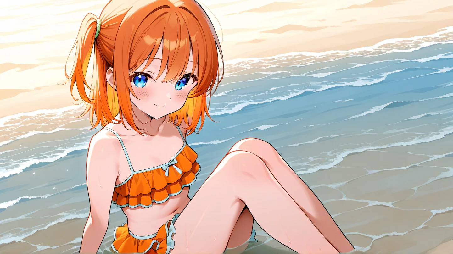 One person, orange long hair、orange long hair、coastal、Naughty look、White and grey stripes々Bra very、White and grey stripes々panties, Dynamic pose、View your viewers,smile,白の背景View your viewers,whole body,From the side,squat,Look to the side(Little),(Littleキャラ)