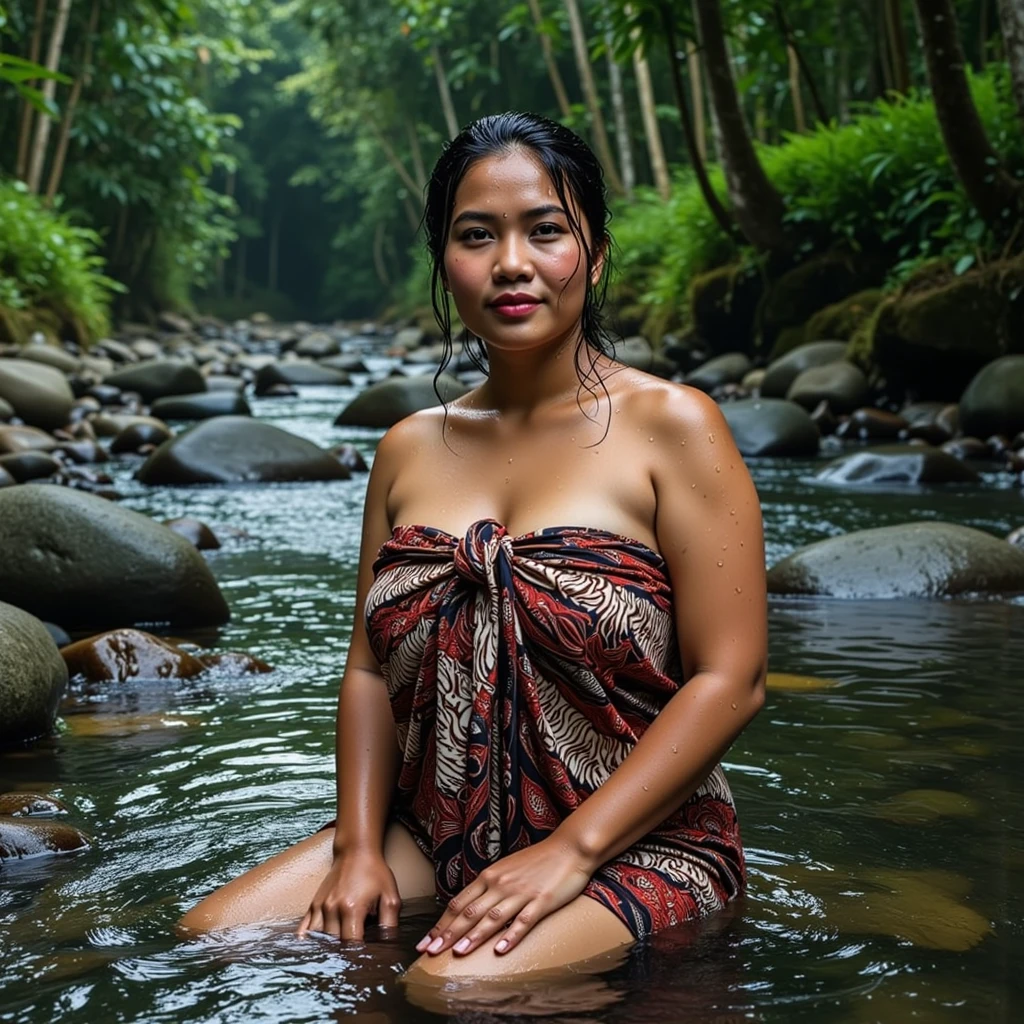 Realistic photo depicting an Indonesian woman, villager, poor woman, 40 years old, wearing peach color hijab, wearing see-through peach color lace camisole, wearing very short see-through peach color lace skirt, smiling, dark skin, curvy body, 150 cm height tall, standing in creek, facing the camera, full body, making it very realistic and detail