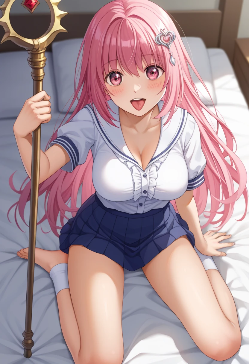 masterpiece ,Megurine Luka,E cup ,Pink long hair,blue eyes,School Swimsuit,smile,sit,Spread your legs,Pool,